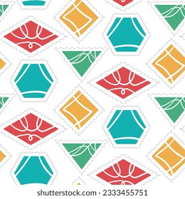 Seamless background for mailing lists with bright abstractions. Vector seamless pattern with postage stamps of various shapes. Can be used as wallpaper or wrapping paper