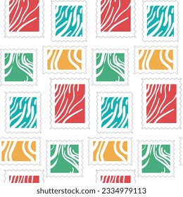 Seamless background for mailing lists with bright abstractions. Vector seamless pattern with postage stamps of square and rectangular shapes. Can be used as wallpaper or wrapping paper