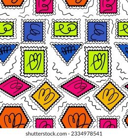 Fondo perfecto para las listas de correo con abstracciones vívidas. Patrón vectorial sin fisuras con sellos postales de varias formas. Se puede usar como papel tapiz o papel envolvente
