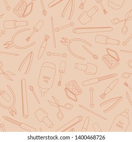 Seamless background with makeup and manicure items. Hand drawn doodles texture. 