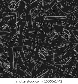 Seamless background with makeup and manicure items. Hand drawn doodles texture. 