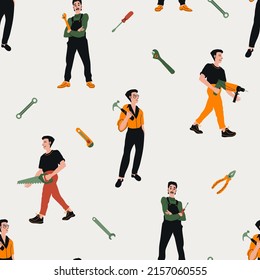 Seamless background with male workers do repairs, the repairman stands with a hammer in hands, man stands arms crossed. Doodle vector high quallity illustration.