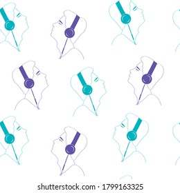 Seamless background a man with headphones listening to music. Color  pattern. Line art. Vector