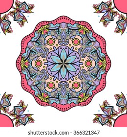 Seamless background of mandala. Doodle vector illustration. Decorative lace round ornament. Tribal, ethnic, Arabic, Indian, islam motif, abstract pattern. Hand drawn, decorative, vector design element