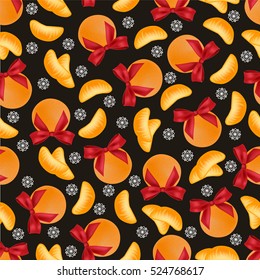 Seamless background mandarin with red ribbons and snowflakes.
