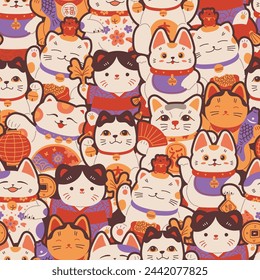 Fondo sin costuras con gatos Maneki-Neko, creado para su uso en textiles o papel tapiz. Ilustración vectorial, icono asiático de la buena suerte y la prosperidad, repetir el diseño.