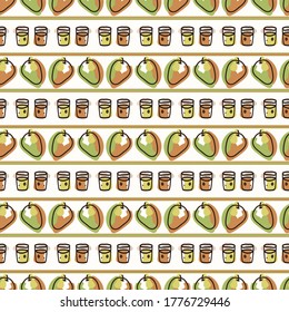 Seamless background mango fruit juice. Gender neutral kid food pattern. Simple whimsical minimal earthy 2 tone color. Baby nursery wallpaper or boho decorative gardening decor all over print. 