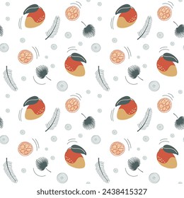 Fondo transparente con mango y naranja. Lindo patrón simple con frutas tropicales de garabato.  