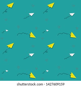 Seamless background: many paper planes in cartoon style on color background 