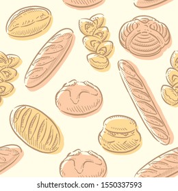 Seamless background with Many varieties of inviting bread. Vector illustration.