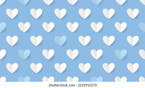 Seamless background with many white and light blue paper hearts on light blue background.