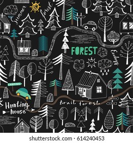 Seamless background. Map of the forest, hunter's house. Forest trail.