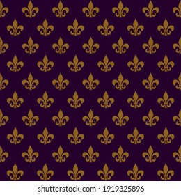 Seamless background of Mardi Gras. Yellow heraldic lilies in a checkerboard pattern on a dark purple background. A symbolic image of a flower. Vector illustration isolated for design and web.