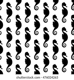 Seamless background with marine animals. The pattern of seahorses. Black and white image.