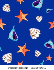 Seamless background with marine elements. Starfish, seashells and an anchor rope. Vintage drawing for marine design. Vector.