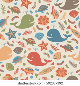 Seamless background with marine life elements. Vector illustration.
