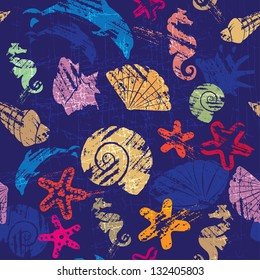 Seamless background with Marine life - pattern with shells, seahorses, dolphins, sea stars