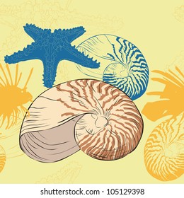 Seamless background of marine life with shells and starfish
