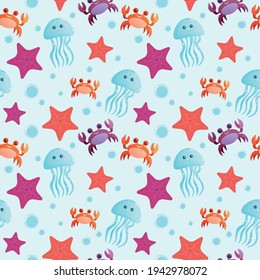 Seamless background. Marine life. Vector illustration. Jellyfish and crab in the ocean.