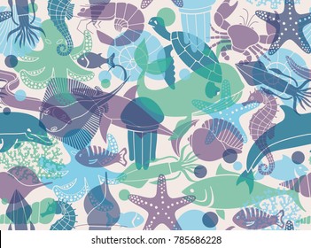 Seamless background with marine life. Vector illustration