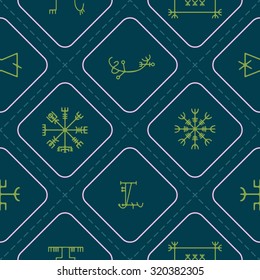 Seamless background with mascots of Scandinavian warriors for your design (ottastafur, odin, end strife, aegishjalmur, lasabrjotur, binding, gapaldur, vegvisir)