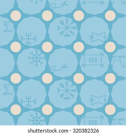 Seamless background with mascots of Scandinavian warriors for your design (ottastafur, odin, end strife, aegishjalmur, lasabrjotur, binding, gapaldur, vegvisir)