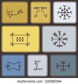 Seamless background with mascots of Scandinavian warriors for your design (ottastafur, odin, end strife, aegishjalmur, lasabrjotur, binding, gapaldur, vegvisir)