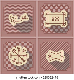 Seamless background with mascots of Scandinavian warriors for your design (ottastafur, odin, end strife, aegishjalmur, lasabrjotur, binding, gapaldur, vegvisir)