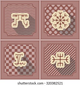 Seamless background with mascots of Scandinavian warriors for your design (ottastafur, odin, end strife, aegishjalmur, lasabrjotur, binding, gapaldur, vegvisir)