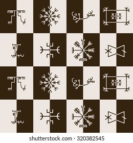 Seamless background with mascots of Scandinavian warriors for your design (ottastafur, odin, end strife, aegishjalmur, lasabrjotur, binding, gapaldur, vegvisir)