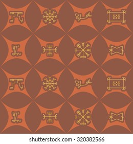 Seamless background with mascots of Scandinavian warriors for your design (ottastafur, odin, end strife, aegishjalmur, lasabrjotur, binding, gapaldur, vegvisir)