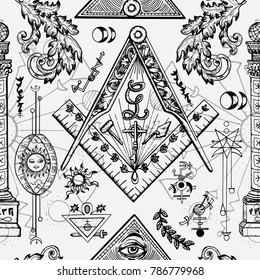 Seamless background with mason and mysterious symbols. Freemasonry and secret societies emblems, occult and spiritual mystic drawings. Tattoo design, new world order