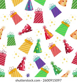 SEAMLESS BACKGROUND MATERIAL: hand drawn git boxes with birthday caps