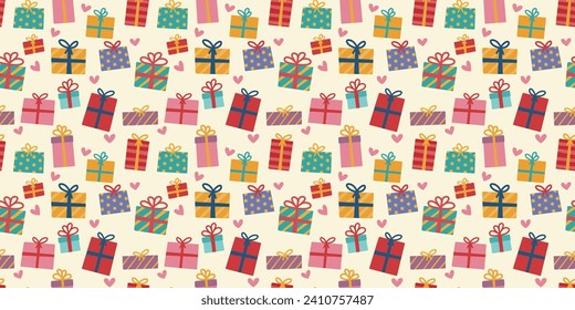 Seamless background material:
Vector illustration with hand drawn gift boxes and hearts lined up