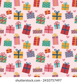 Seamless background material:
Vector illustration with hand drawn gift boxes and hearts lined up