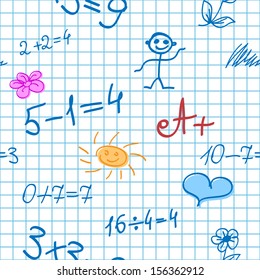 Seamless Background with Math Formulas, Sun, Little men, etc on Notebook Sheet