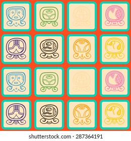 Seamless background with Maya calendar named days and associated glyphs for your design