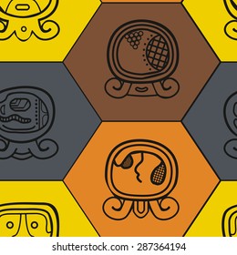 Seamless background with Maya calendar named days and associated glyphs for your design
