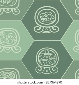 Seamless background with Maya calendar named days and associated glyphs for your design