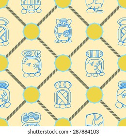 Seamless background with Maya calendar named months and associated glyphs for your design