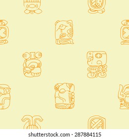 Seamless background with Maya calendar named months and associated glyphs for your design