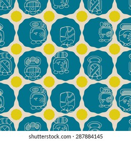 Seamless background with Maya calendar named months and associated glyphs for your design