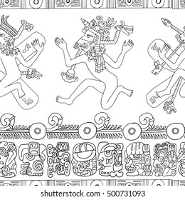 Seamless background with Mayan gods and indian mystic symbols on white. Vintage adventures concept. Pattern vector illustration and doodle drawings. Graphic glyphs and icons for coloring book
