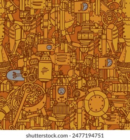 Seamless background with mechanical parts of clocks and retro machines, graphics and math formulas.