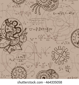 Seamless background with mechanical parts of clocks and retro machines, graphics and math formulas. Hand drawn repeated illustration in steampunk style