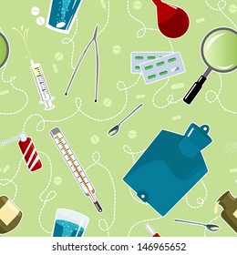 Seamless background with medical instruments and tools, vector image