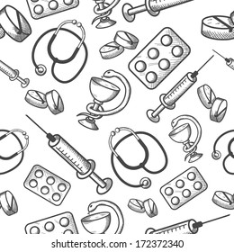 Seamless background of medical items of phonendoscope pills and syringe isolated vector illustration