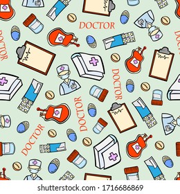 seamless background medicine pills doctor for design wallpaper vector print colored doodle sketch wrap equipment items professional