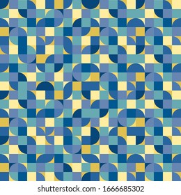 Seamless background in mediterranean style. Mosaic of squares and semicircles of blue and yellow color. Colors of sea and sandy beach. Vector pattern for travel sites, social pages,leisure, recreation