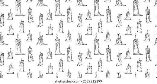Seamless background of melted candles, engraving. Handmade candle, vector sketch, black outline.